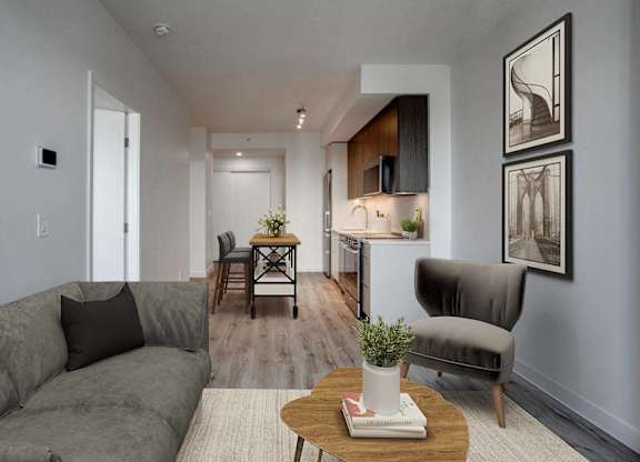 Living Room With Kitchen at Citizen on Jasper, Edmonton, AB, T5K 0M5