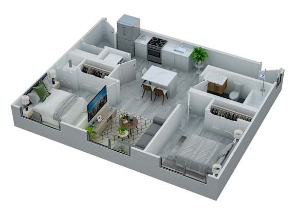 A 3D rendered image of a house layout.
