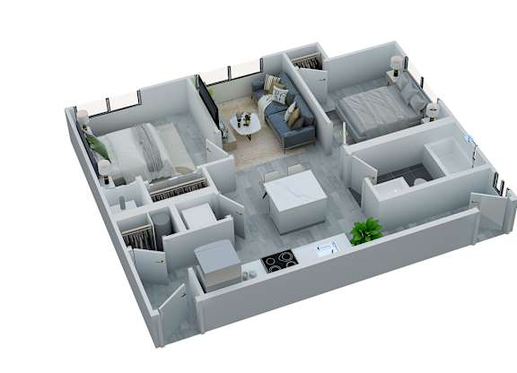 A 3D model of a house with a kitchen, living room, and bathroom.