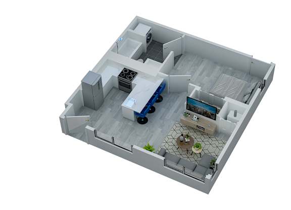A 3D rendering of a small house with a blue car in the driveway.