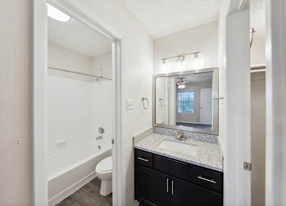 A bathroom with a sink, mirror, and toilet.