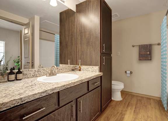 A bathroom with a sink, toilet, and shower.
