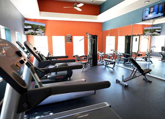 A gym with treadmills and other exercise equipment.