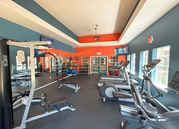 A gym with a variety of equipment including treadmills, weights, and a television.