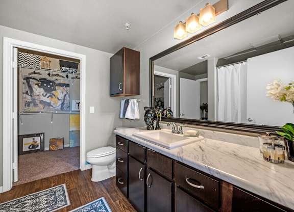 A bathroom with a marble countertop and a large mirror.