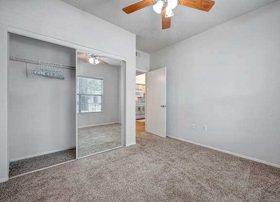 A room with a carpeted floor and a ceiling fan.