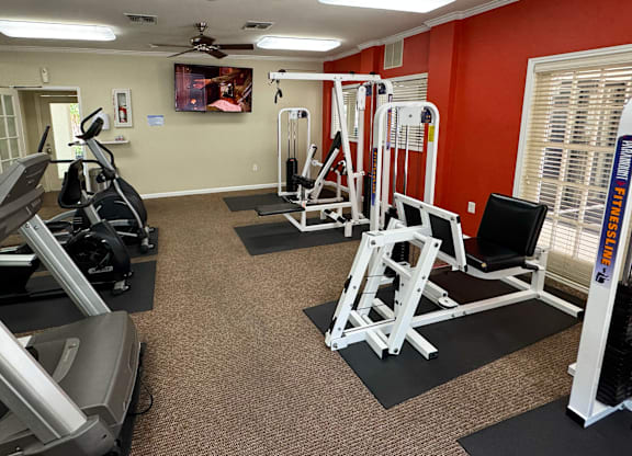 A gym with treadmills, weights, and exercise equipment.
