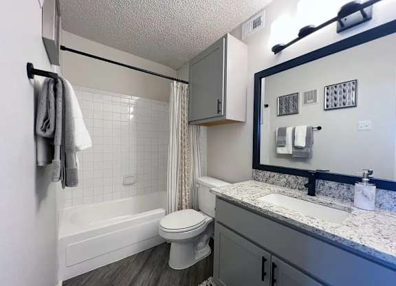 A bathroom with a white toilet, a bathtub, and a sink.