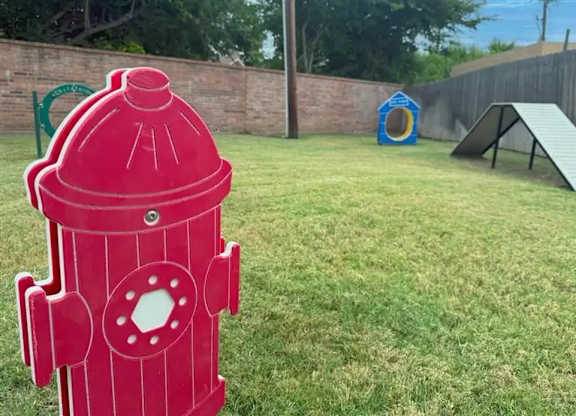 A red fire hydrant is in the foreground of a grassy yard.