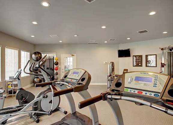 A home gym with a row of exercise bikes.