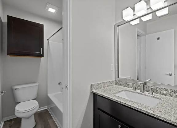 A bathroom with a white toilet and a sink with a mirror above it.