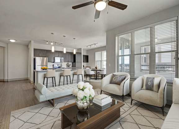 Modern Living Room with a kitchen at Civic at Frisco Square Apartments, Frisco, TX, Texas, 75034