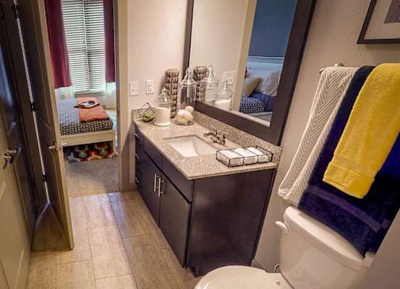 Bathroom With Adequate Storage at Civic at Frisco Square Apartments, Frisco, Texas