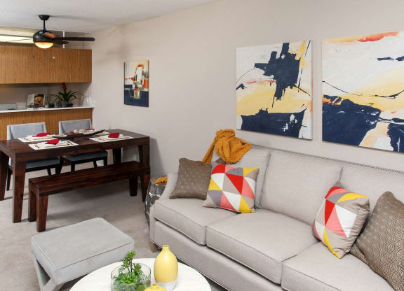 a living room with a couch and a table