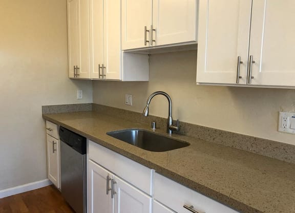 a kitchen with a sink and white cabinets