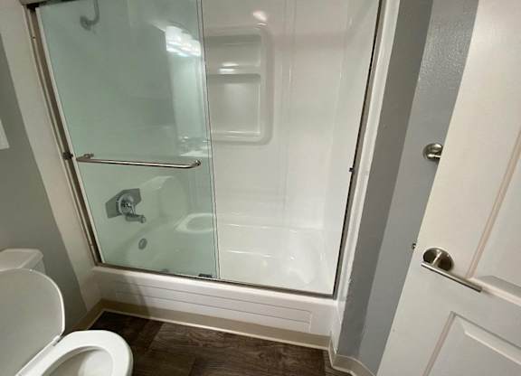 A white toilet is next to a glass shower door.