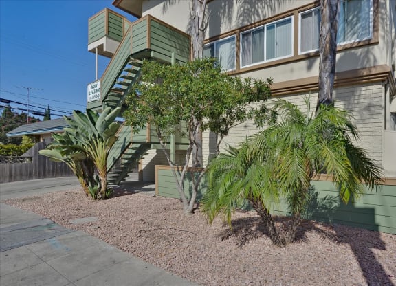 A house with a green staircase and a tree in front.