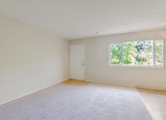 an empty living room with a large window and carpet