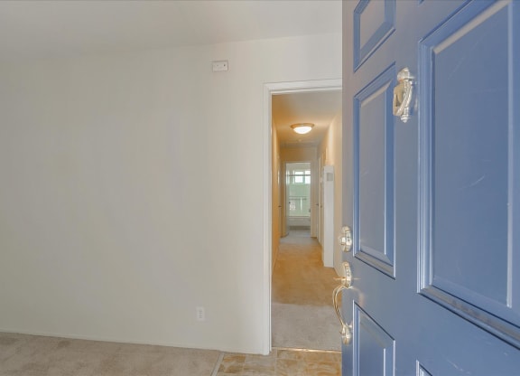 A hallway with a blue door and a carpeted floor.