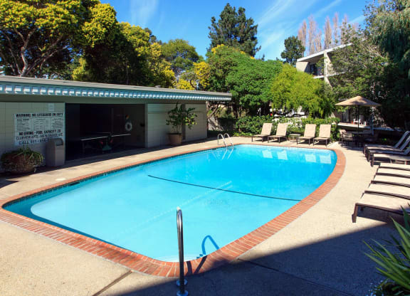 a large swimming pool with lounge chairs and trees in the background