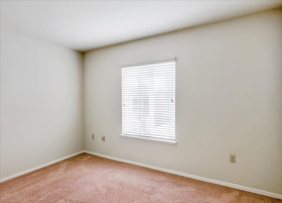 A room with a window covered by white blinds.