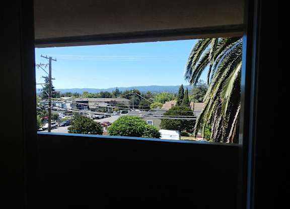 A view from a window looking out at a residential street.