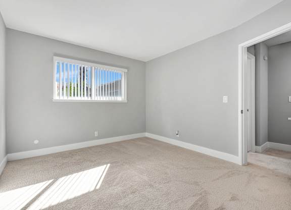 A room with a window and carpeted floor.