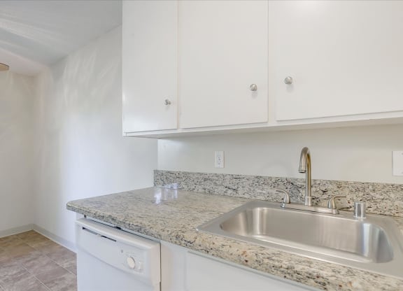 a kitchen with a sink and white cabinets