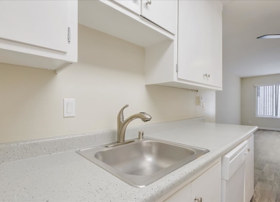 a kitchen with a sink and white cabinets