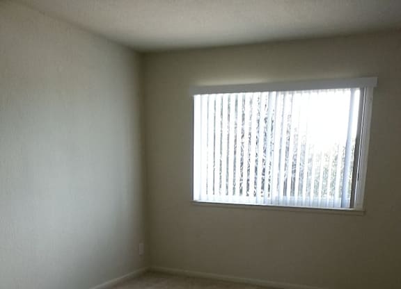 A room with a carpeted floor and a window with blinds.