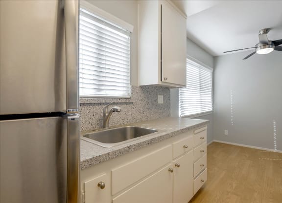 a kitchen with a sink and a refrigerator