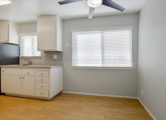 a kitchen with a counter top and a window