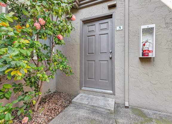 A grey door is closed with a grey mat in front of it.