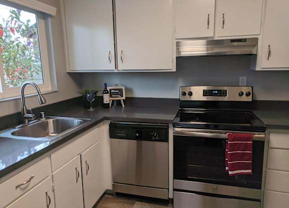 A modern kitchen with a stove, sink, and cabinets.