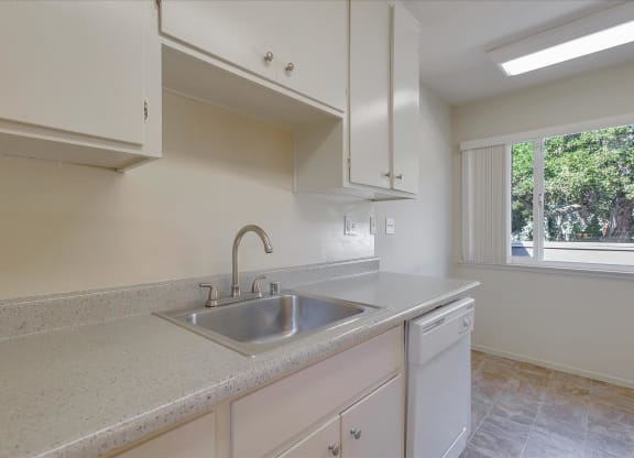 A kitchen with a sink and a window.