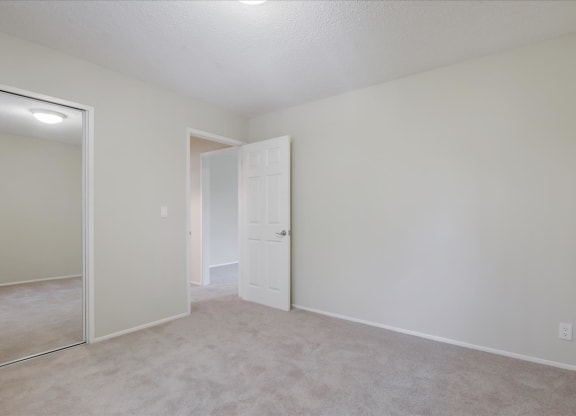 an empty bedroom with a door to a closet and a mirror