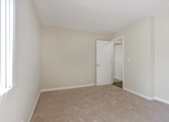 a room with a carpeted floor and a door to a closet