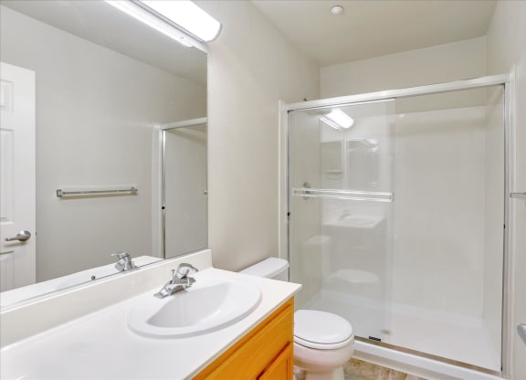 A white sink in a bathroom with a toilet and a glass shower door.