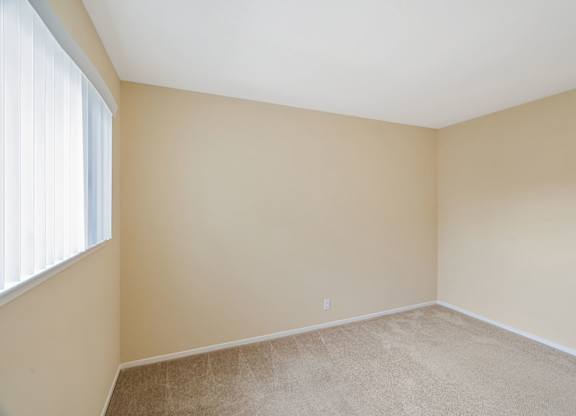A room with a window and a carpeted floor.