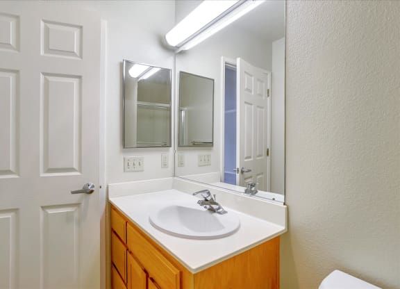 A bathroom with a white sink and a mirror above it.