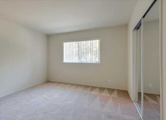 A room with a window and a carpeted floor.