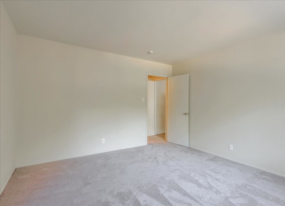 A room with a carpeted floor and a doorway leading to another room.