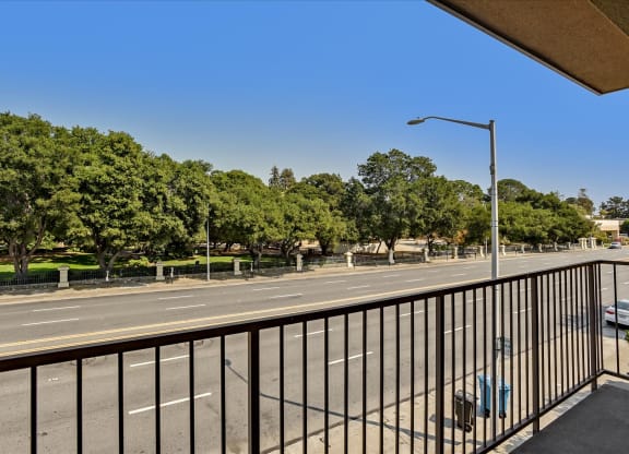 A view from a balcony overlooking a tree-lined street.