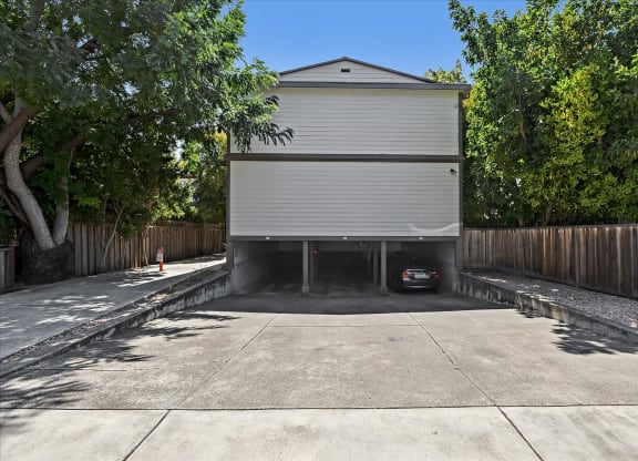 a garage with a car parked in it