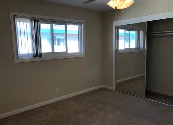 a living room with a mirrored closet and two windows
