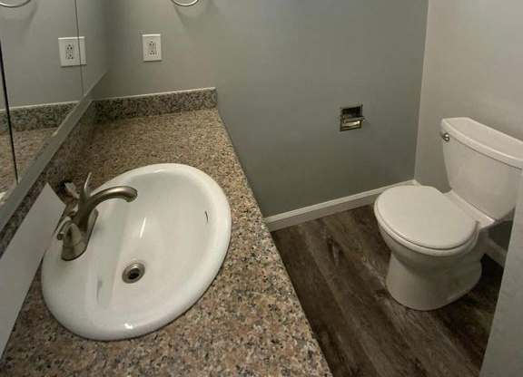 A bathroom with a toilet, sink, and mirror.