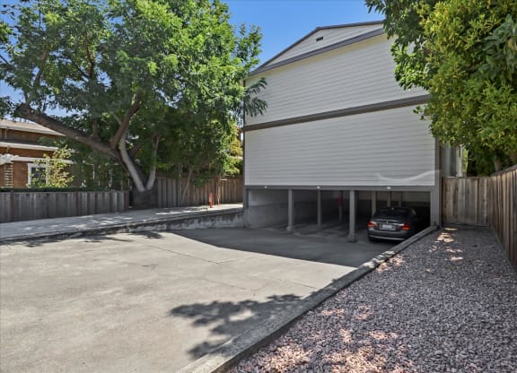 a garage with a car parked