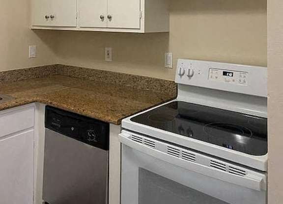 a kitchen with white cabinets and a stove and dishwasher