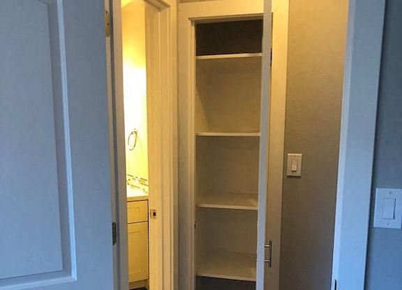 A white door opens to a small pantry with shelves.