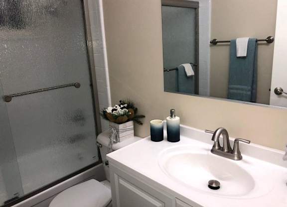 A bathroom with a white sink and a glass shower door.